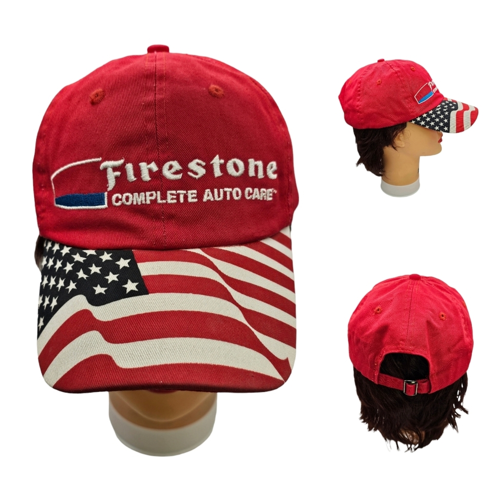 Firestone Complete Auto Care Flag USA Red Adjustable Baseball Cap‎ Hat Patriotic
